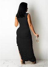 Load image into Gallery viewer, Black Ruched Asymmetrical Ruffle Maxi Dress