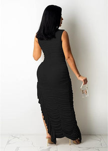 Black Ruched Asymmetrical Ruffle Maxi Dress