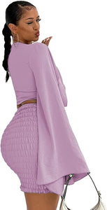 Light Purple Long Bell Sleeve Crop Top and Mini Skirt Set