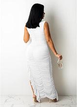 Load image into Gallery viewer, White Ruched Asymmetrical Ruffle Maxi Dress