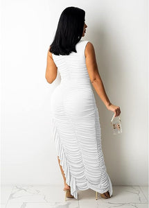 White Ruched Asymmetrical Ruffle Maxi Dress