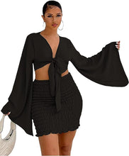 Load image into Gallery viewer, Black Bell Sleeve Crop Top and Mini Skirt Set