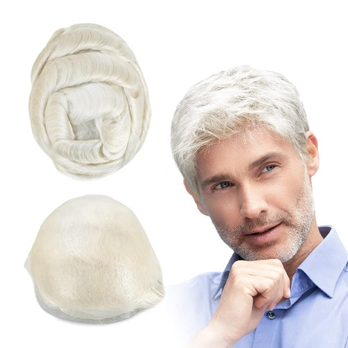 Men's European Human Hair Wavy 30 mm White Toupee