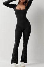 Load image into Gallery viewer, Black Longsleeve Square Neck Bodycon Wide Leg Flared Jumpsuit