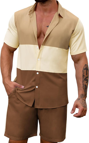 Khaki Color Block Button Up Shirt & Shorts Set