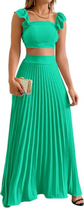 Teal Cap Sleeve Crop Top & High Waist Pleated Maxi Skirt