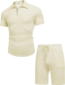 Beige Textured Zip-Up Shirt and Shorts Set