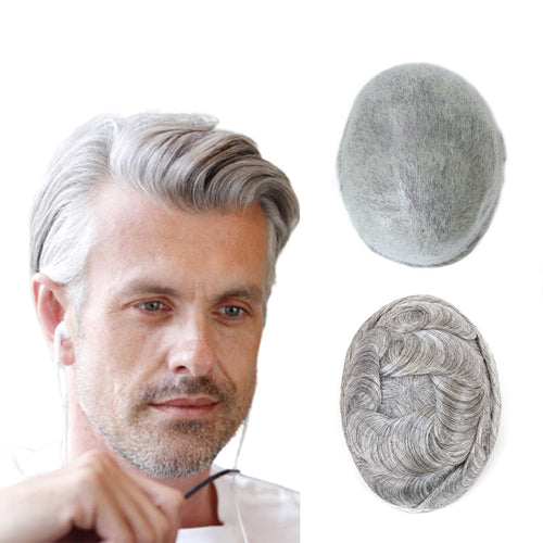 Men's European Black & Grey Mix Human Hair Wavy 30 mm Toupee