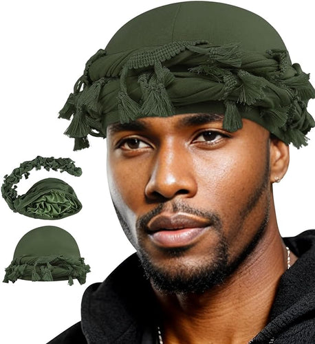 Men's Braided Army Green Satin Turban With Tassels