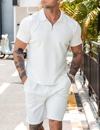 White Textured Zip-Up Shirt and Shorts Set