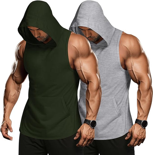 Men's Sleeveless Grey & Army Green 2 Pack Muscle Workout Hoodie