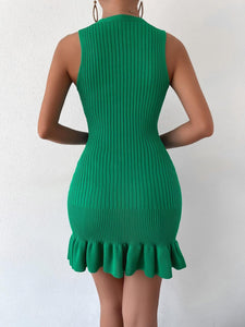 Summer In Hamptons Green Knit Ruffle Hem Sweater Dress