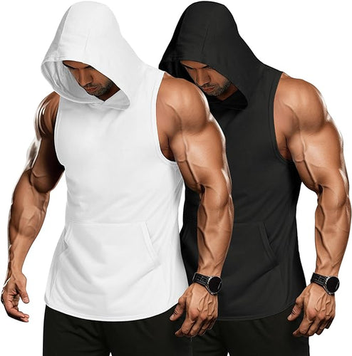 Men's Sleeveless Black & White 2 Pack Muscle Workout Hoodie