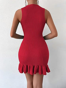 Summer In Hamptons Red Knit Ruffle Hem Sweater Dress