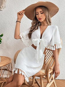 Off To Tulum 2 Piece Tassel Wrap Crop Blouse and Mini Skirt Sets