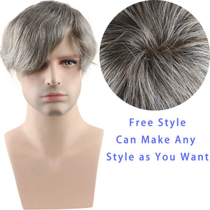 Men's European Human Hair 10 x 8 Wavy Salt & Peper Mix PU Lace Toupee