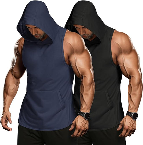 Men's Sleeveless Black& Navy Blue 2 Pack Muscle Workout Hoodie