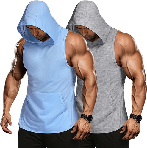 Men's Sleeveless Sky Blue & Grey 2 Pack Muscle Workout Hoodie