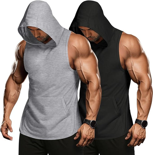 Men's Sleeveless Grey & Black 2 Pack Muscle Workout Hoodie