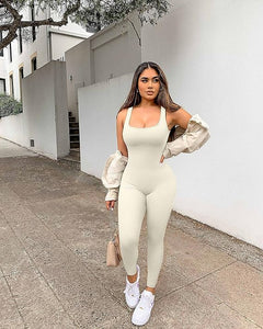 Beige Sleeveless Compression Bodycon Jumpsuit