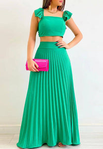 Teal Cap Sleeve Crop Top & High Waist Pleated Maxi Skirt