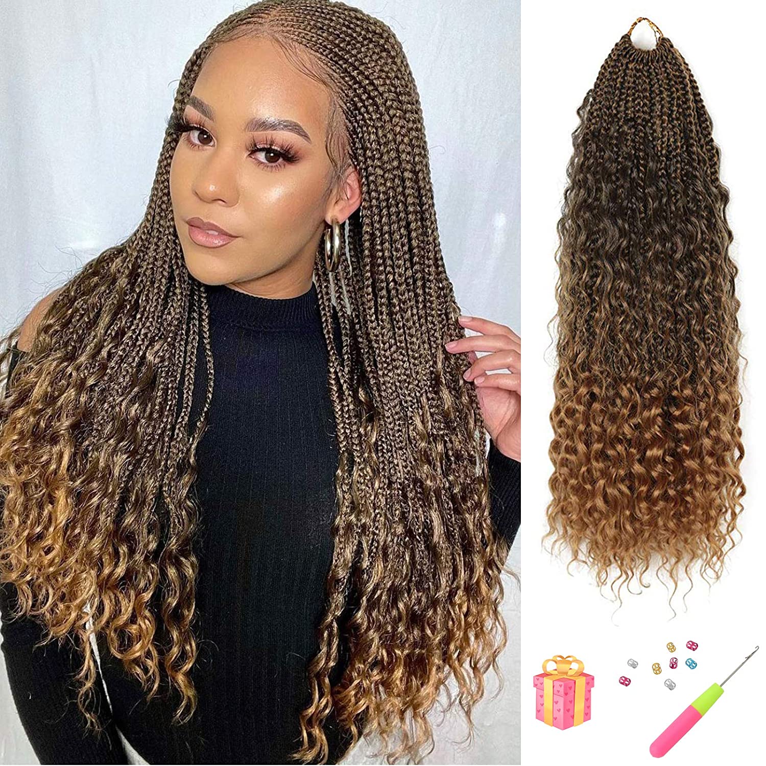 Goddess Curly Box Braids Crochet Hair Brown 3X Wavy Crochet Box Braid hair  Extension Synthetic Braiding Hair (18inch, Ombre Brown)