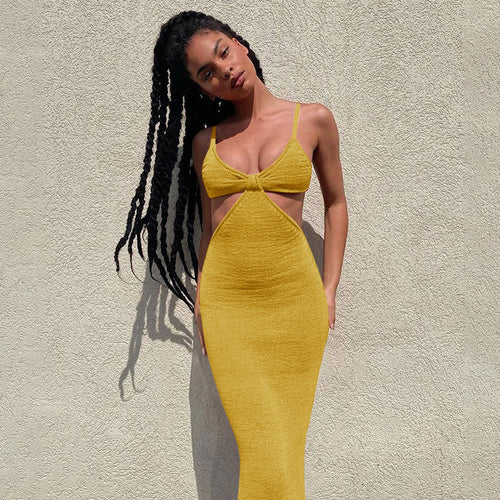 Yellow Knit Cut Out Sweatheart Backless Maxi Dress