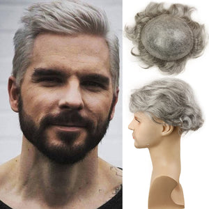Men’s Grey Toupee Ultra Transparent Thin Skin PU Replacement Hair Pieces