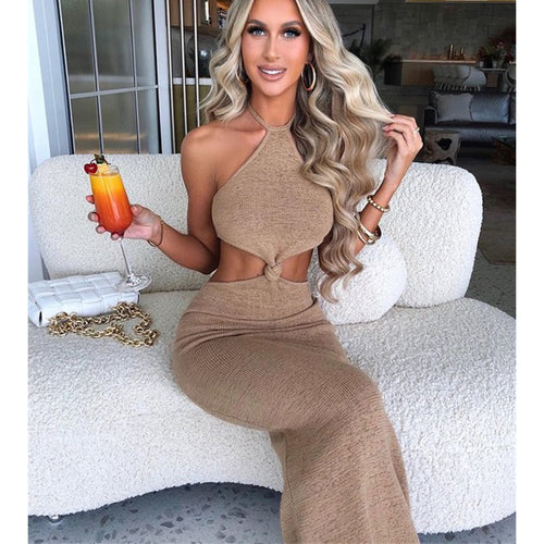 Sexy Knit Beige Cut Out Backless Halter Maxi Dress